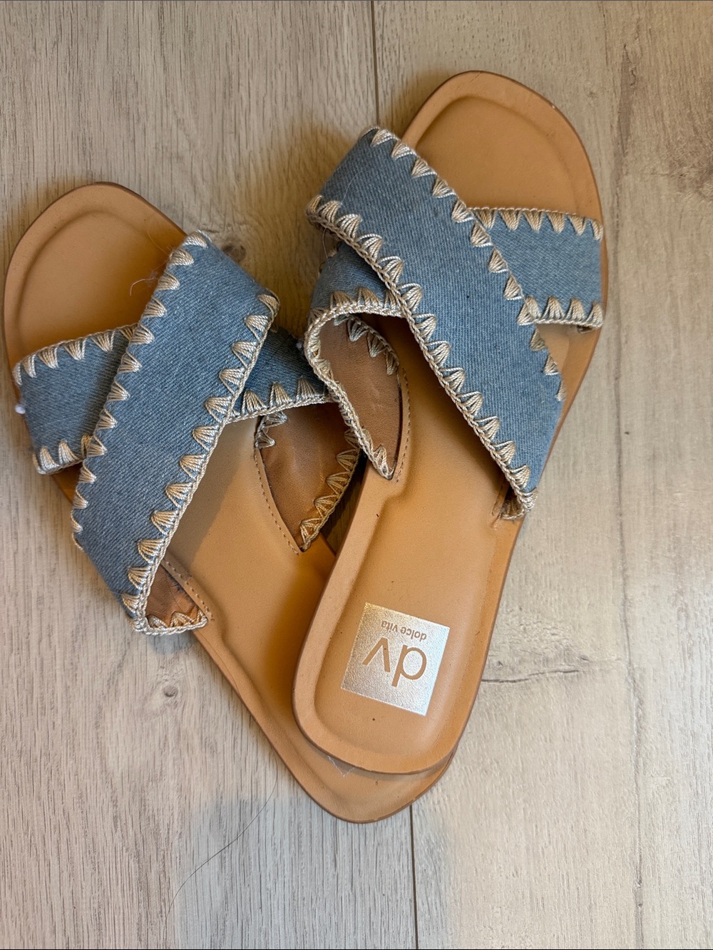 DV by Dolce Vita Denim Crisscross Slide Sandals - Blue & Tan - Picture 2 of 4